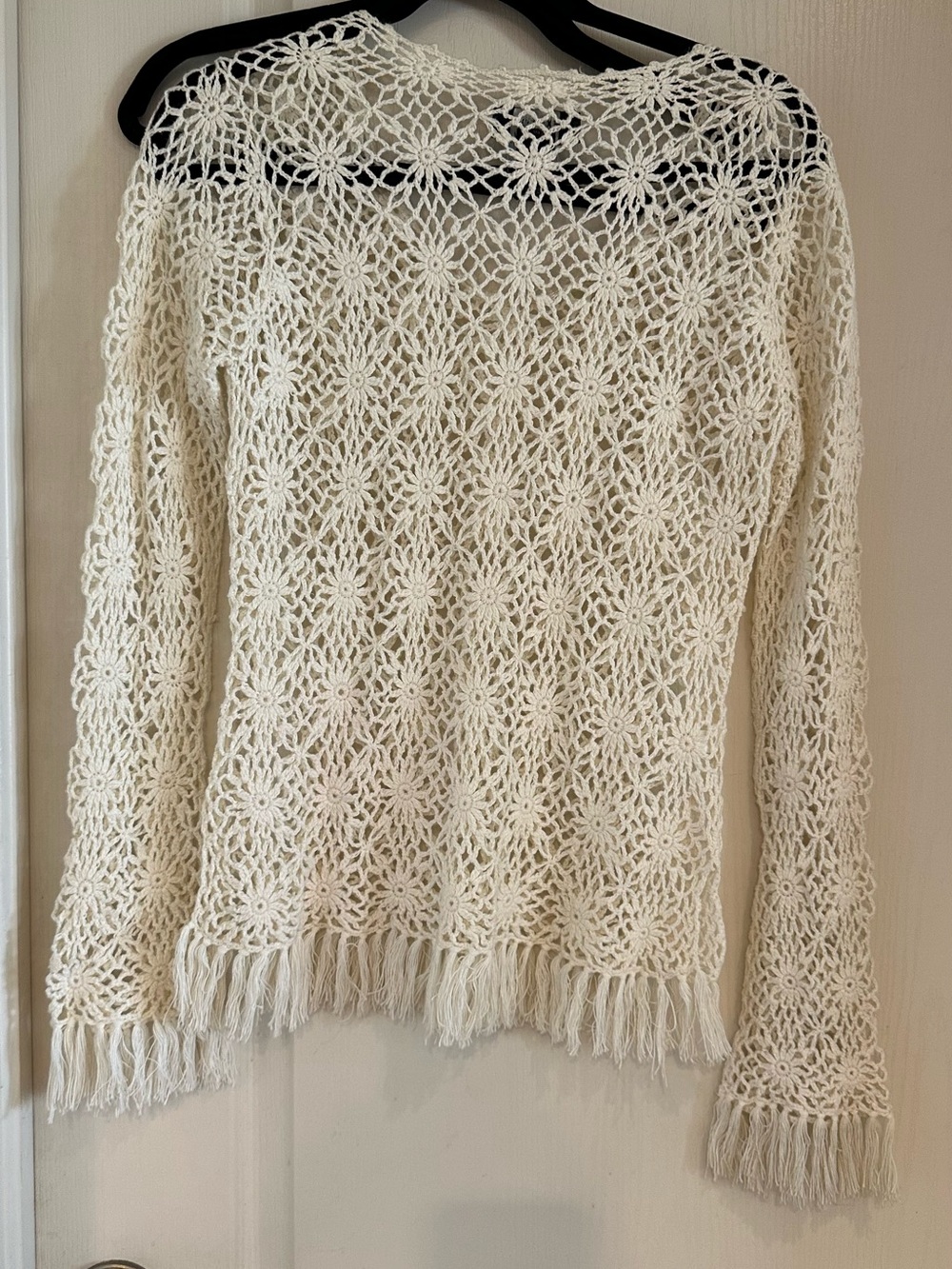 Express Cream Crochet Fringe Scoop Neck Sweater